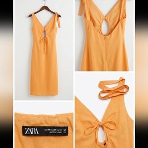 ZARA Orange Tie-Front Cutout Midi Dress